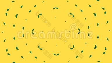 可爱的卡通动画的小绿叶旋转万花筒上的黄色背景。 无缝循环动画